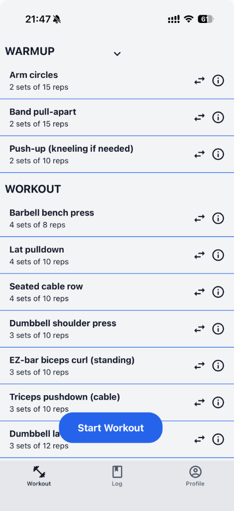 Versafit Workout Screen